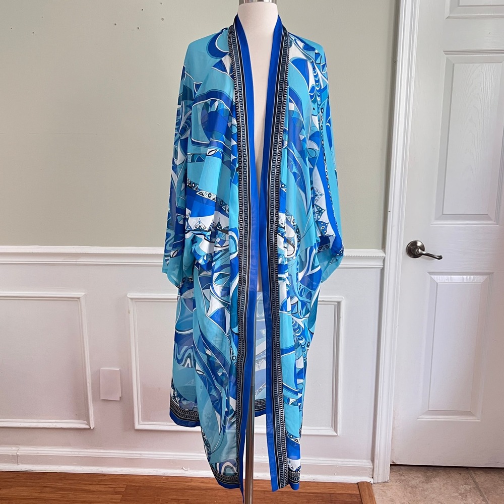Vivid Blue Kimono Cardigan Kaftan Women One Size Resort Bohemian Coastal Mod